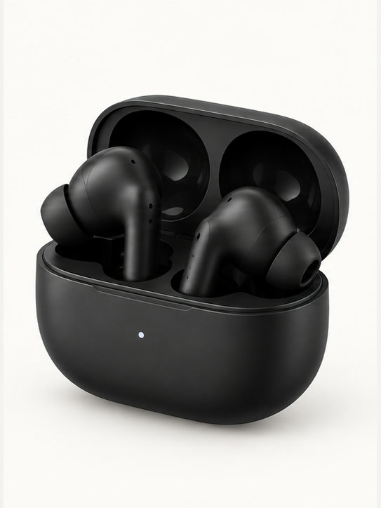 Black wireless earbuds in their charging case