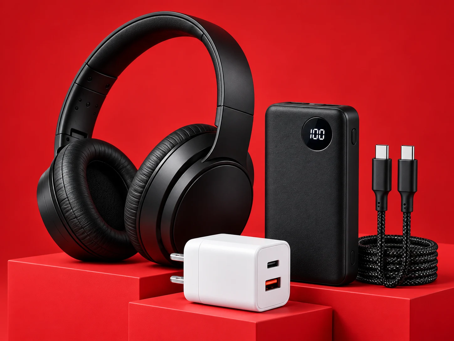 Black headphones, power bank, USB-C cables and white charger arranged on a crimson studio set