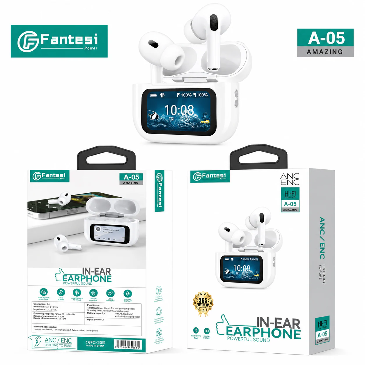 Fantesi A-05 ANC and ENC Wireless Earbuds with Touchscreen Charging Case