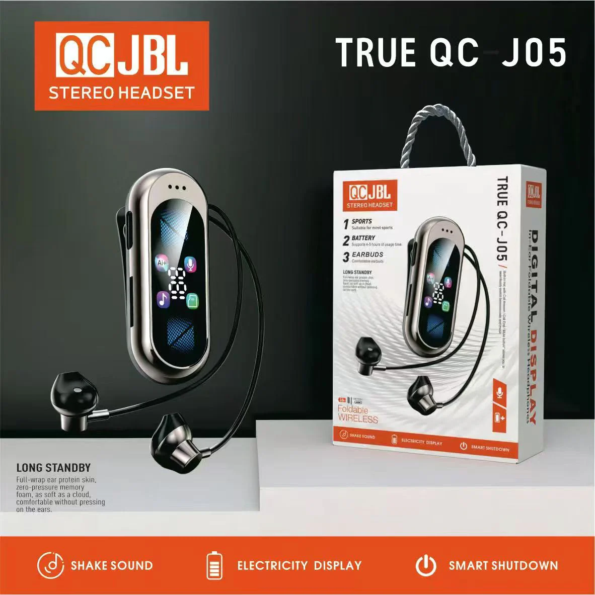 QC-J05 Clip-On Wireless Stereo Headset with Digital Display