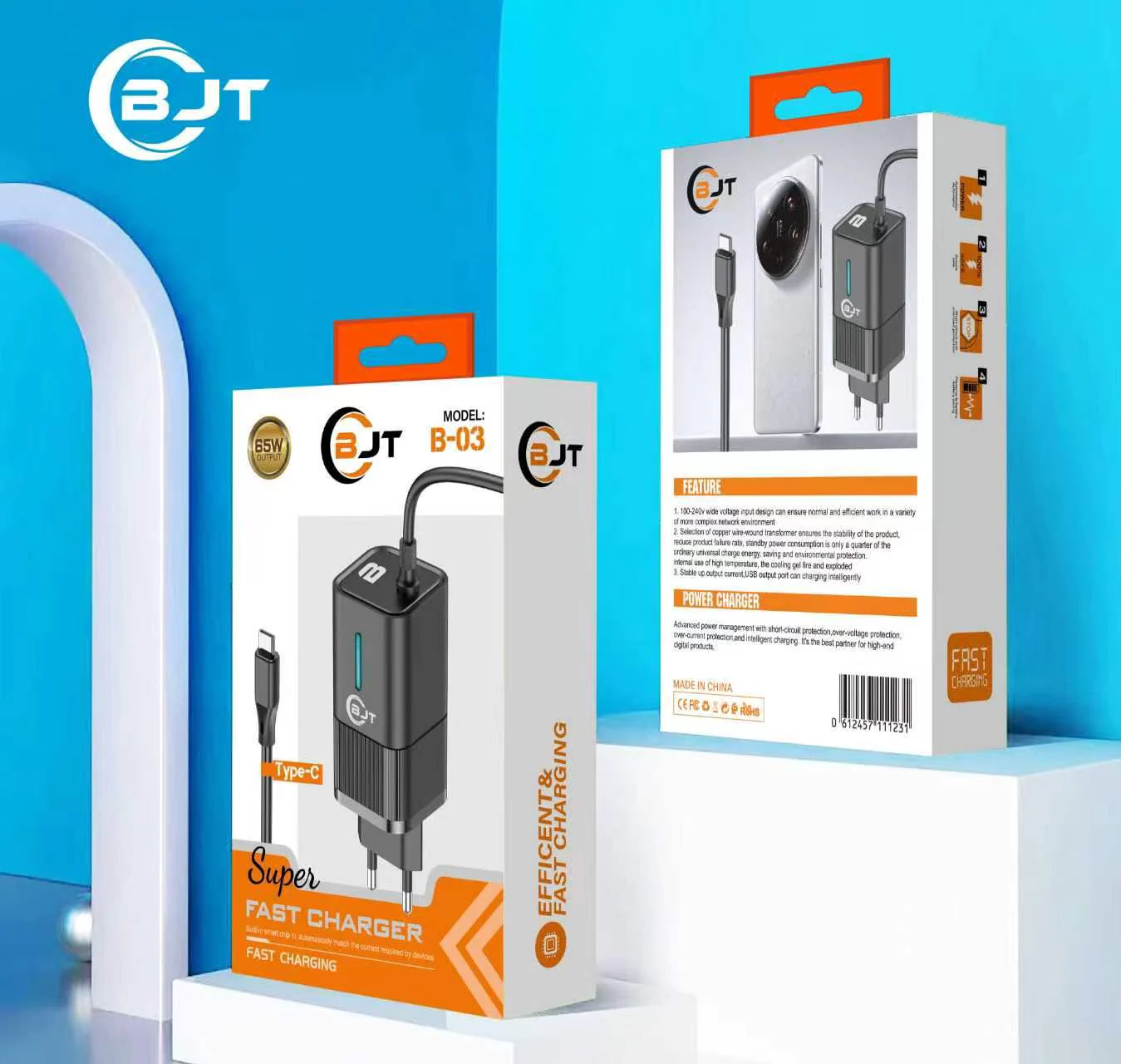 BJT B-03 Type-C Cable Wall Charger – 65W Marked