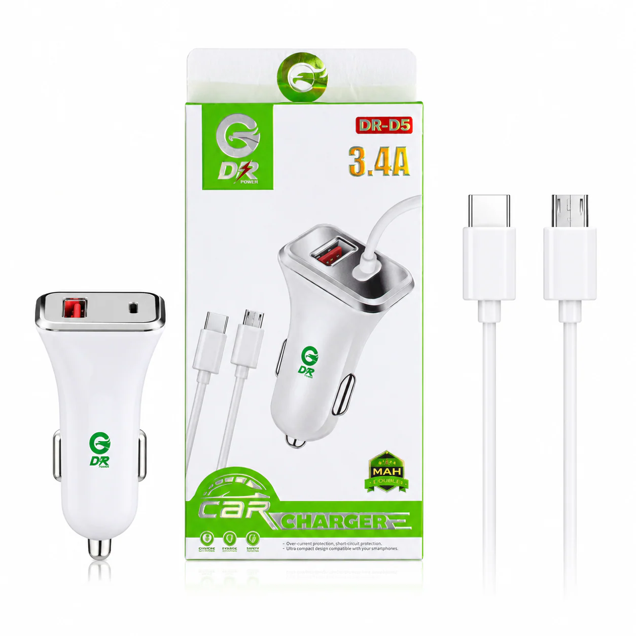 DR Gold DR-D5 3-in-1 3.4A Car Charger with Built-In Charging Cable