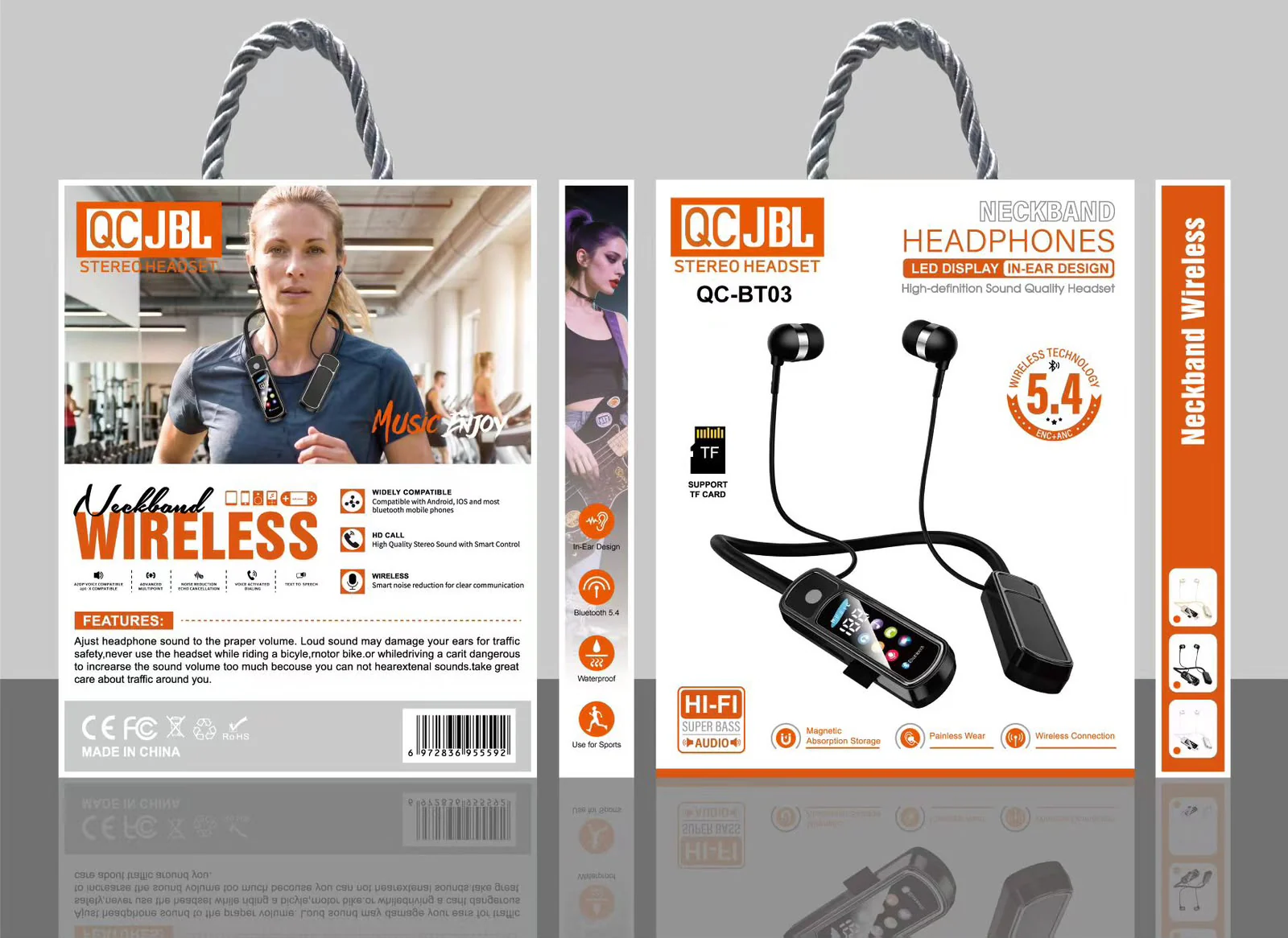 QC-BT03 Wireless Neckband Headphones with LED Display (QC JBL Packaging)