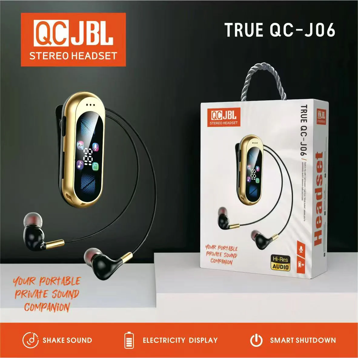 QC-J06 Clip-On Wireless Stereo Headset with Digital Display
