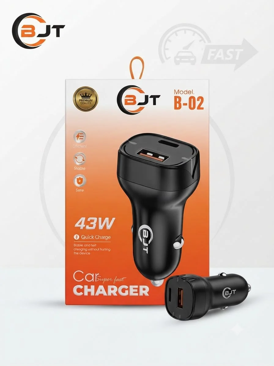 BJT B-02 43W Dual-Port Car Charger – Black