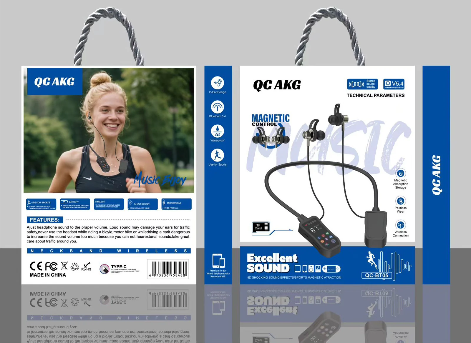 QC-BT05 Magnetic Wireless Neckband Earphones (QC AKG Packaging)